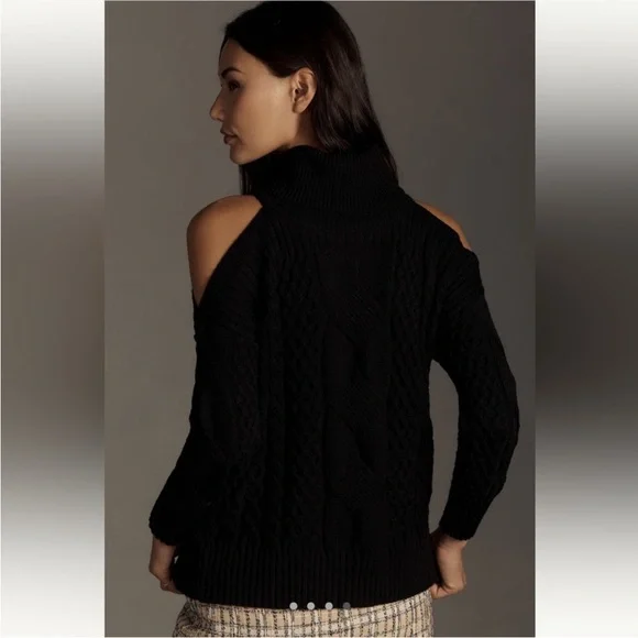 Anthropologie Black Cold Shoulder Cable Knit Sweater – Size M - Picture 2 of 7